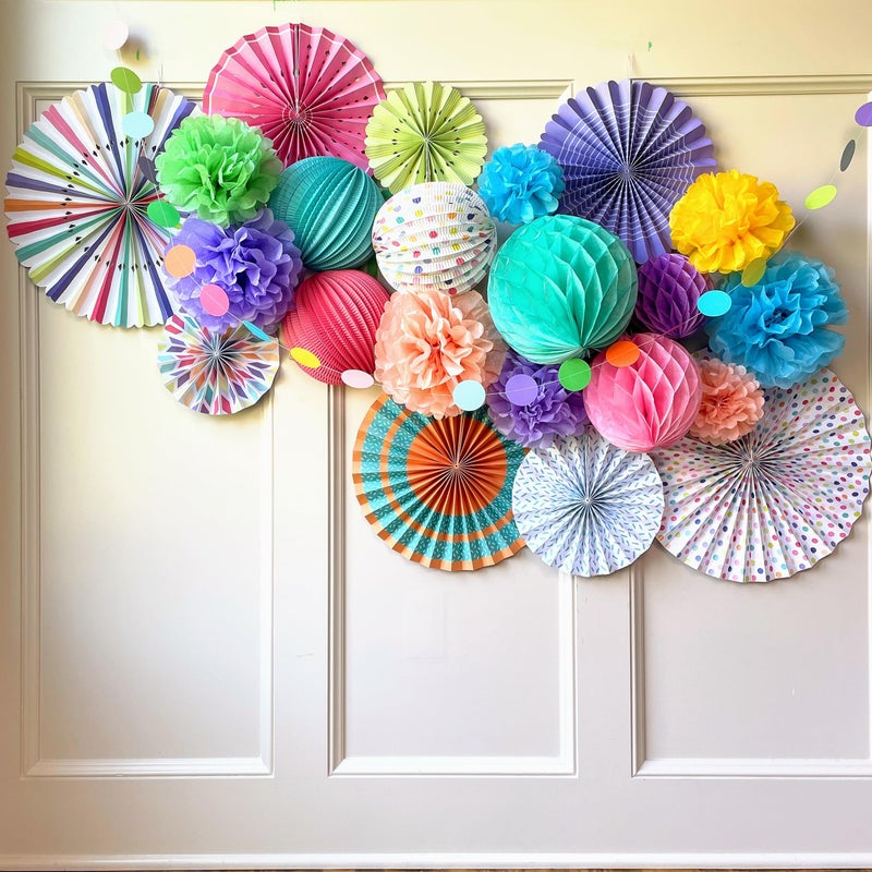 PapaKit Premium Paper Decoration Set - Pom Pom, Honeycomb and Accordion Lantern (Festive Colors) Birthday Party Baby Shower Bride to Be Engagement Wedding Events - Image 5